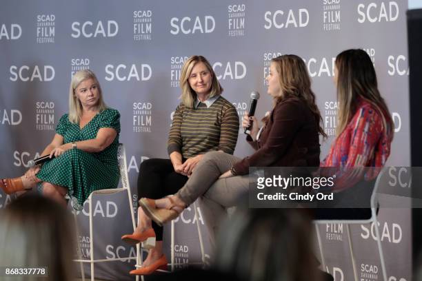Producers Alison Owen, Cathy Konrad, Kaila York, and Francesca Silvestri onstage at Wonder Women Panel Series: Producers during 20th Anniversary SCAD...