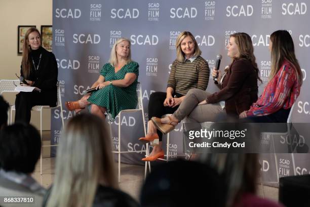 Moderator Margaret Gardiner and producers Alison Owen, Cathy Konrad, Kaila York, and Francesca Silvestri onstage at Wonder Women Panel Series:...