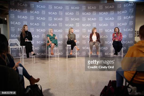 Moderator Margaret Gardiner and producers Alison Owen, Cathy Konrad, Kaila York, and Francesca Silvestri onstage at Wonder Women Panel Series:...