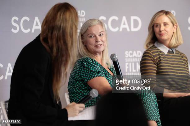 Moderator Margaret Gardiner and producers Alison Owen and Cathy Konrad onstage at Wonder Women Panel Series: Producers during 20th Anniversary SCAD...