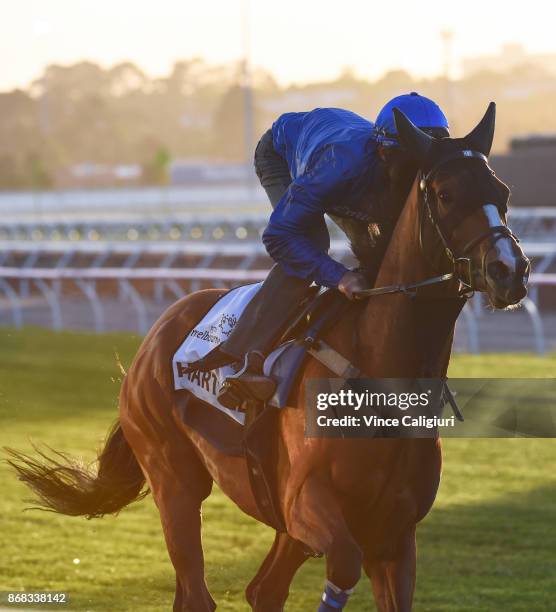 Damian Lane riding Hartnell from the Godolphin stable during a trackwork session at Flemington Racecourse on October 31, 2017 in Melbourne, Australia.