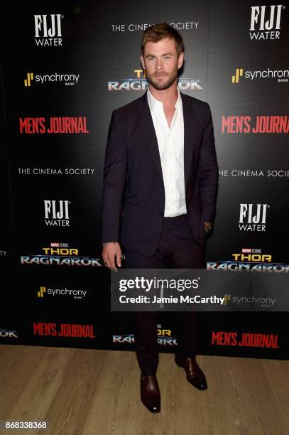 Chris Hemsworth attends The Cinema Society's Screening Of Marvel Studios' "Thor: Ragnarok" at the Whitby Hotel on October 30, 2017 in New York City.