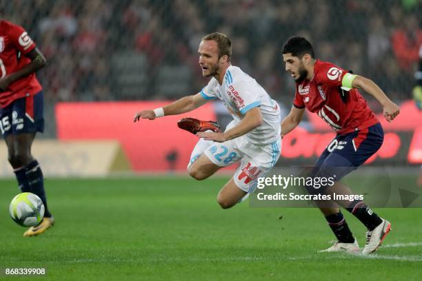 Valere Germain of Olympique Marseille, Yassine Benzia of Lille during the French League 1 match between Lille v Olympique Marseille at the Stade...