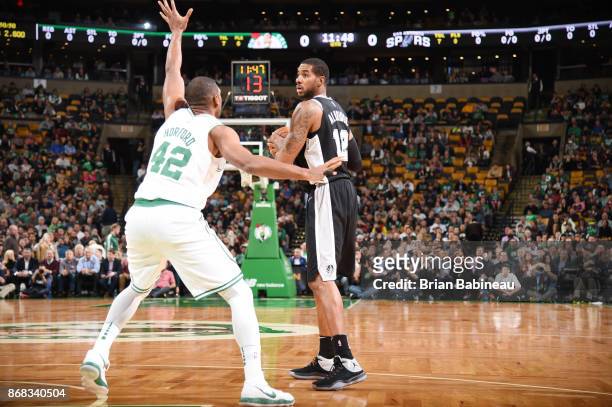 LaMarcus Aldridge of the San Antonio Spurs handles the ball against the Boston Celtics on October 30, 2017 at the TD Garden in Boston, Massachusetts....