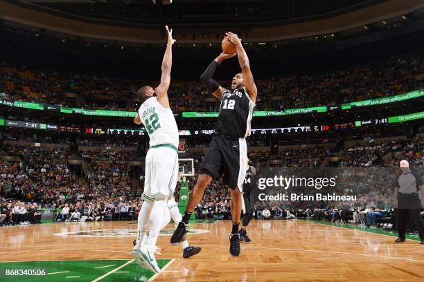 LaMarcus Aldridge of the San Antonio Spurs shoots the ball against the Boston Celtics on October 30, 2017 at the TD Garden in Boston, Massachusetts....