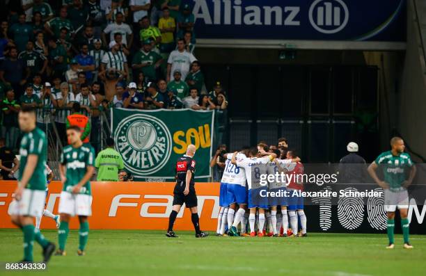 Players of Cruzeiro celebrate their second goal during the match between Palmeiras and Cruzeiro for the Brasileirao Series A 2017 at Allianz Parque...