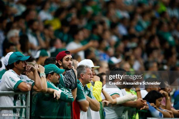 Fans of Palmeiras cheer during the match between Palmeiras and Cruzeiro for the Brasileirao Series A 2017 at Allianz Parque Stadium on October 30,...