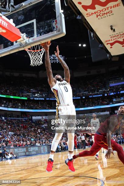 DeMarcus Cousins of the New Orleans Pelicans shoots the ball against the Cleveland Cavaliers on October 28, 2017 at the Smoothie King Center in New...