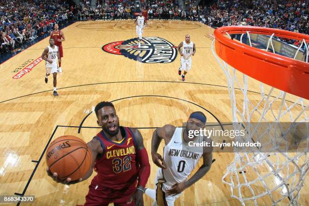 Jeff Green of the Cleveland Cavaliers goes to the basket against the New Orleans Pelicans on October 28, 2017 at the Smoothie King Center in New...