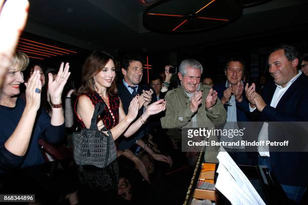 Elsa Zylberstein, Patrick Bruel, Claude Lelouch and CEO of Moma Group, Benjamin Patou listen to Didier Barbelivien, who wrote a song especially for...