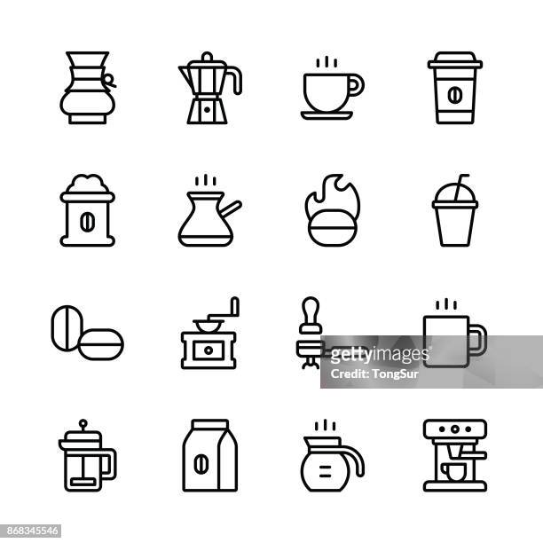illustrazioni stock, clip art, cartoni animati e icone di tendenza di icone del caffè - linea - coffee cup