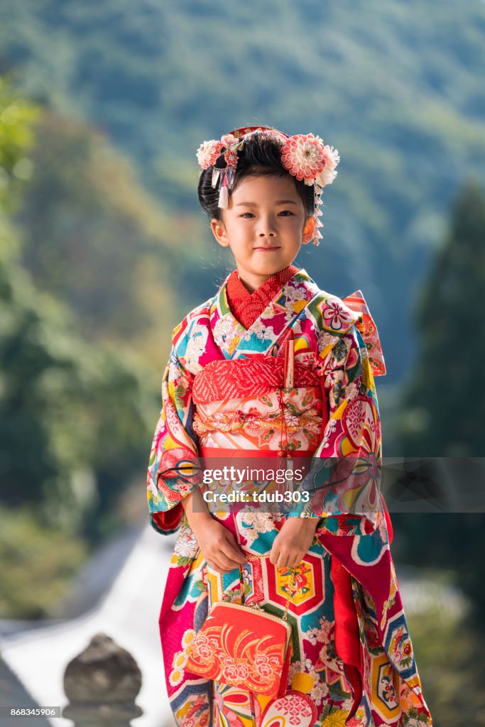 A Young Japanese Girl Wearing A Traditional Kimono While
