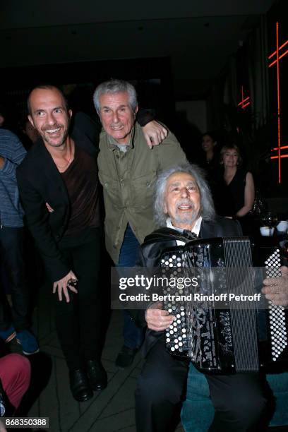 Calogero, Claude Lelouch and Francis Lai attend Claude Lelouch celebrates his 80th Birthday at Restaurant Victoria on October 30, 2017 in Paris,...