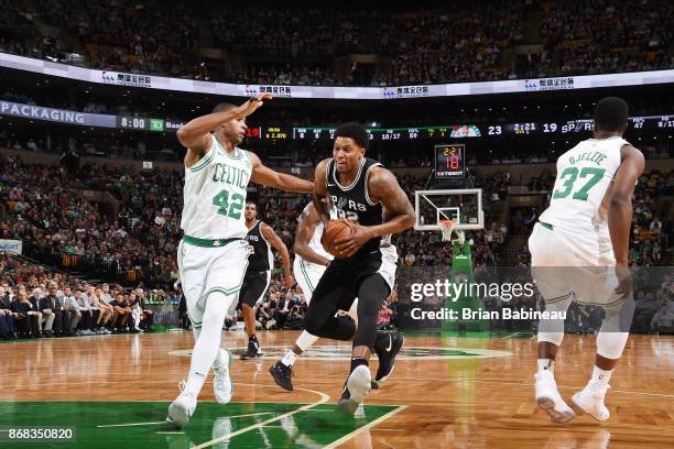 Rudy Gay of the San Antonio Spurs handles the ball against the Boston Celtics on October 30, 2017 at the TD Garden in Boston, Massachusetts. NOTE TO...