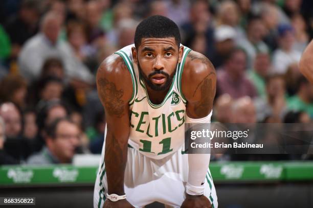 Kyrie Irving of the Boston Celtics looks on during the game against the San Antonio Spurs on October 30, 2017 at the TD Garden in Boston,...