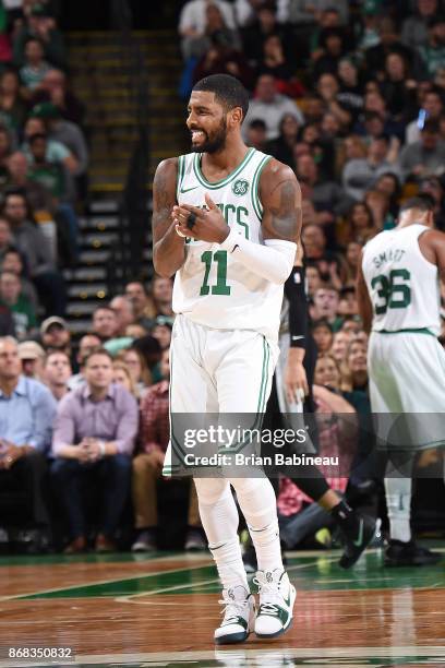 Kyrie Irving of the Boston Celtics reacts during the game against the San Antonio Spurs on October 30, 2017 at the TD Garden in Boston,...