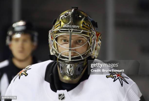 Oscar Dansk of the Vegas Golden Knights tends net against the New York Islanders during the second period at the Barclays Center on October 30, 2017...