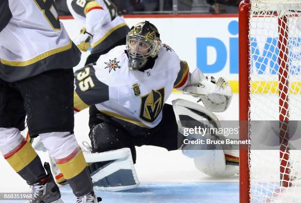 Oscar Dansk of the Vegas Golden Knights tends net against the New York Islanders during the second period at the Barclays Center on October 30, 2017...