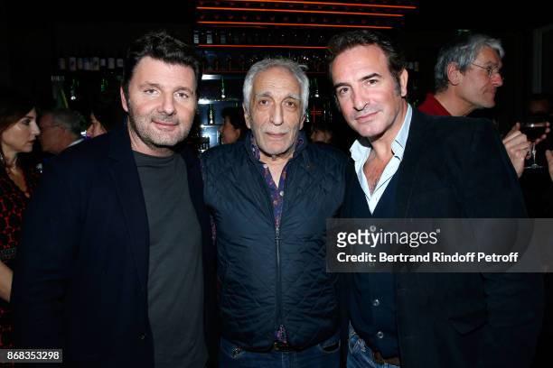 Philippe Lellouche, Gerard Darmon and Jean Dujardin attend Claude Lelouch celebrates his 80th Birthday at Restaurant Victoria on October 30, 2017 in...