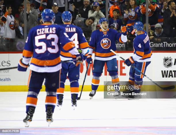Nikolay Kulemin of the New York Islanders celebrates his third period goal against the Vegas Golden Knights at the Barclays Center on October 30,...