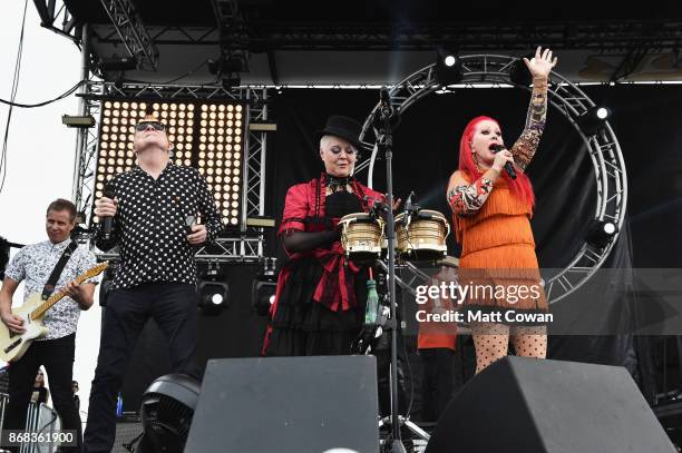 Singers Fred Schneider, Cindy Wilson and Kate Pierson of the The B-52's perform on stage at the Growlers 6 festival at the LA Waterfront on October...