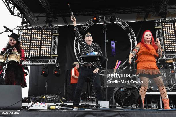 Singer Cindy Wilson, singer Fred Schneider and singer Kate Pierson of the The B-52's perform on stage at the Growlers 6 festival at the LA Waterfront...