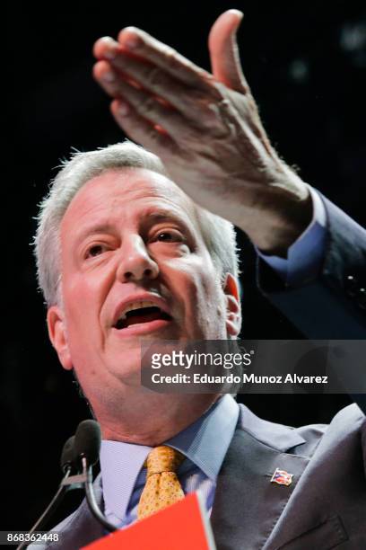 New York City Mayor Bill de Blasio speaks to supporters as he takes part in a campaign rally on October 30, 2017 in New York City. New York City...