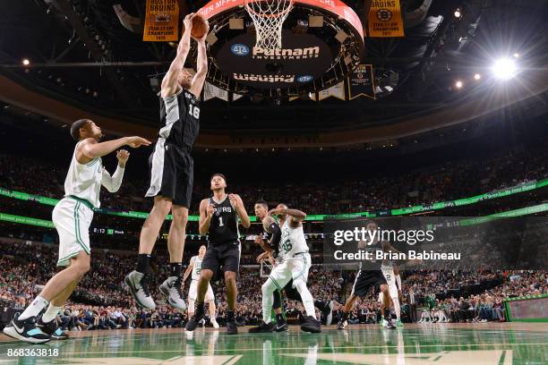 Pau Gasol of the San Antonio Spurs drives to the basket against the Boston Celtics on October 30, 2017 at the TD Garden in Boston, Massachusetts....