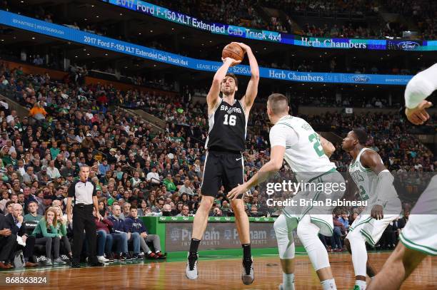 Pau Gasol of the San Antonio Spurs shoots the ball against the Boston Celtics on October 30, 2017 at the TD Garden in Boston, Massachusetts. NOTE TO...