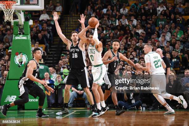 Jayson Tatum of the Boston Celtics passes the ball against the San Antonio Spurs on October 30, 2017 at the TD Garden in Boston, Massachusetts. NOTE...