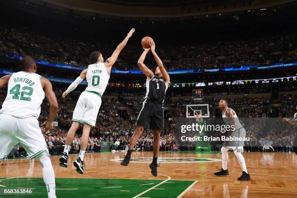 Kyle Anderson of the San Antonio Spurs shoots the ball against the Boston Celtics on October 30, 2017 at the TD Garden in Boston, Massachusetts. NOTE...