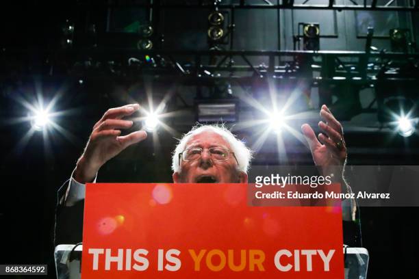 Sen. Bernie Sanders speaks to attendees during a campaign rally for Mayor Bill De Blasio on October 30, 2017 in New York City. New York City Mayor...