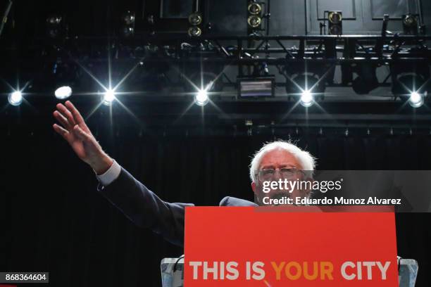 Sen. Bernie Sanders speaks to attendees during a campaign rally for Mayor Bill De Blasio on October 30, 2017 in New York City. New York City Mayor...