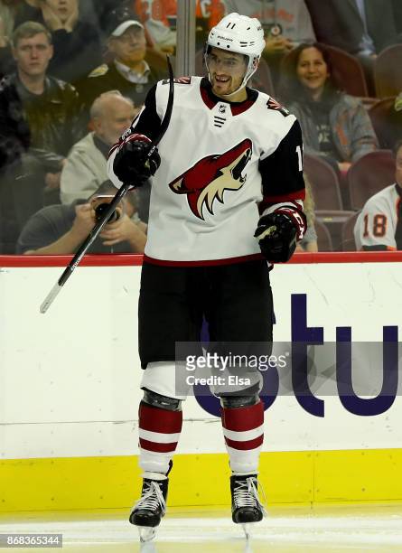 Brendan Perlini of the Arizona Coyotes celebrates his goal in the third period against the Philadelphia Flyers on October 30, 2017 at Wells Fargo...