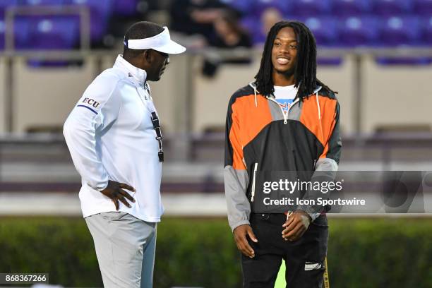 East Carolina Pirates linebacker commit Gerard Stringer meets with East Carolina Pirates head coach Scottie Montgomery during a game between the BYU...