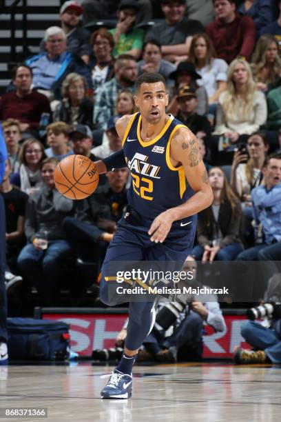 Thabo Sefolosha of the Utah Jazz handles the ball against the Dallas Mavericks on October 30, 2017 at Vivint Smart Home Arena in Salt Lake City,...