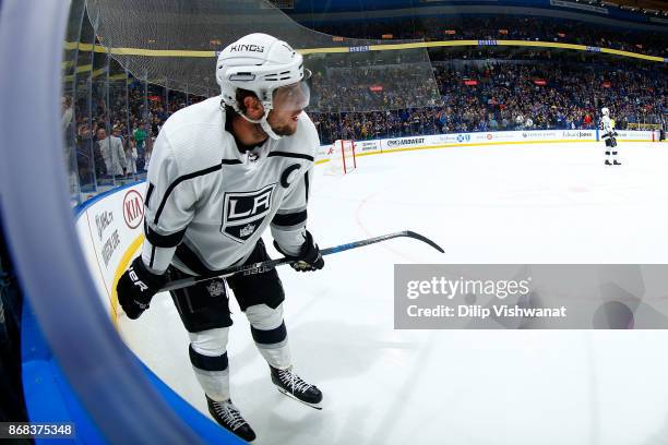 Anze Kopitar of the Los Angeles Kings reacts after the St. Louis Blues scored an empty-net goal to seal their victory against the Los Angeles Kings...