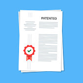 Patented document with approved stamp. Registered intellectual property, idea of patent license certificate. vector icon illustration, flat cartoon paper doc isolated on blue background.