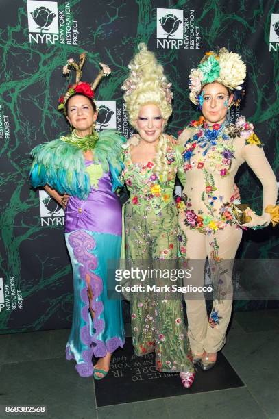 Deborah Marton, Bette Midler and Sophie Von Haselberg attend the Bette Midler's 2017 Hulaween Event Benefiting The New York Restoration Project at...