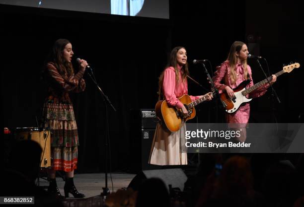 The band Haim performs as Equality Now celebrates 25th Anniversary at "Make Equality Reality" Gala at Gotham Hall on October 30, 2017 in New York...