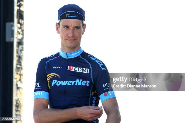 Roman van Uden of Auckland, Powernet , waits to receive the yellow jersey in stage three from Riverton to Te Anau during the 2017 Tour of Southland...