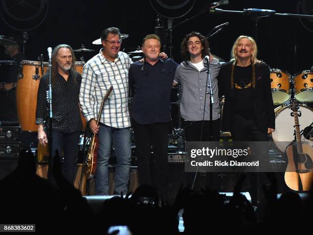 Eagles, Timothy B. Schmit, Vince Gill, Don Henley, Decon Frey and Joe Walsh perform during the Eagles in Concert at The Grand Ole Opry on October 29,...