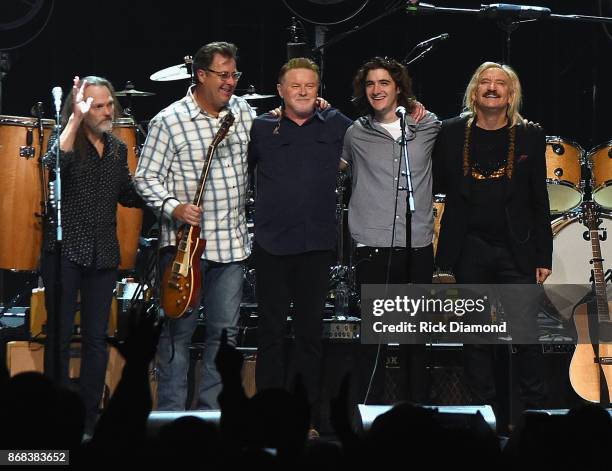 Eagles, Timothy B. Schmit, Vince Gill, Don Henley, Decon Frey and Joe Walsh perform during the Eagles in Concert at The Grand Ole Opry on October 29,...