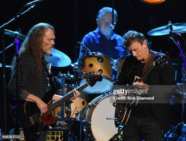 Timothy B. Schmit, Don Henley and Steuart Smith of the Eagles perform during SiriusXM presents the Eagles in their first ever concert at the Grand...