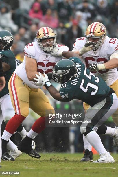 San Francisco 49ers offensive tackle Erik Magnuson blocks Philadelphia Eagles defensive end Brandon Graham during a NFL football game between the San...