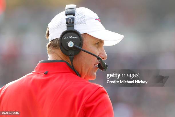 Head coach Chad Morris of the Southern Methodist Mustangs is seen during the game against the Cincinnati Bearcats at Nippert Stadium on October 21,...