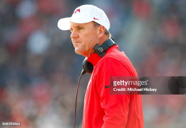 Head coach Chad Morris of the Southern Methodist Mustangs is seen during the game against the Cincinnati Bearcats at Nippert Stadium on October 21,...