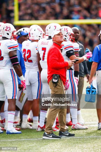 Head coach Chad Morris of the Southern Methodist Mustangs is seen during the game against the Cincinnati Bearcats at Nippert Stadium on October 21,...