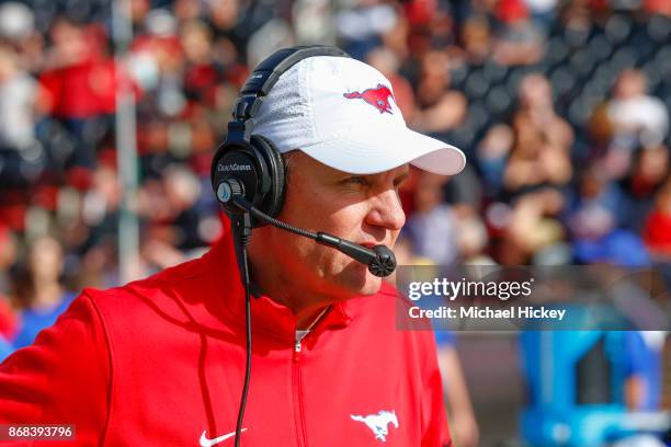 Head coach Chad Morris of the Southern Methodist Mustangs is seen during the game against the Cincinnati Bearcats at Nippert Stadium on October 21,...