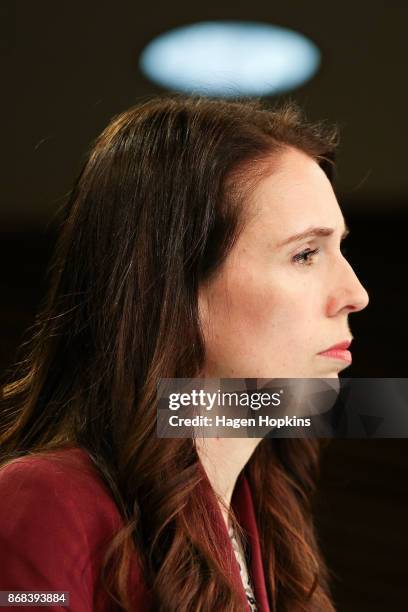 Prime Minister Jacinda Ardern speaks during a post cabinet press conference at Parliament on October 31, 2017 in Wellington, New Zealand. Labour...